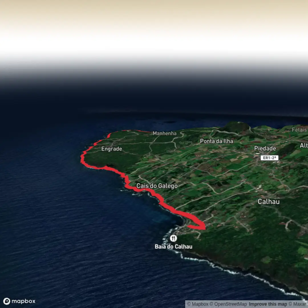 An image depicting the trail Ponta da Ilha to Ponta da Baleia, Baia de Engrade and Baia do Ceu Abraao and its surrounding area.