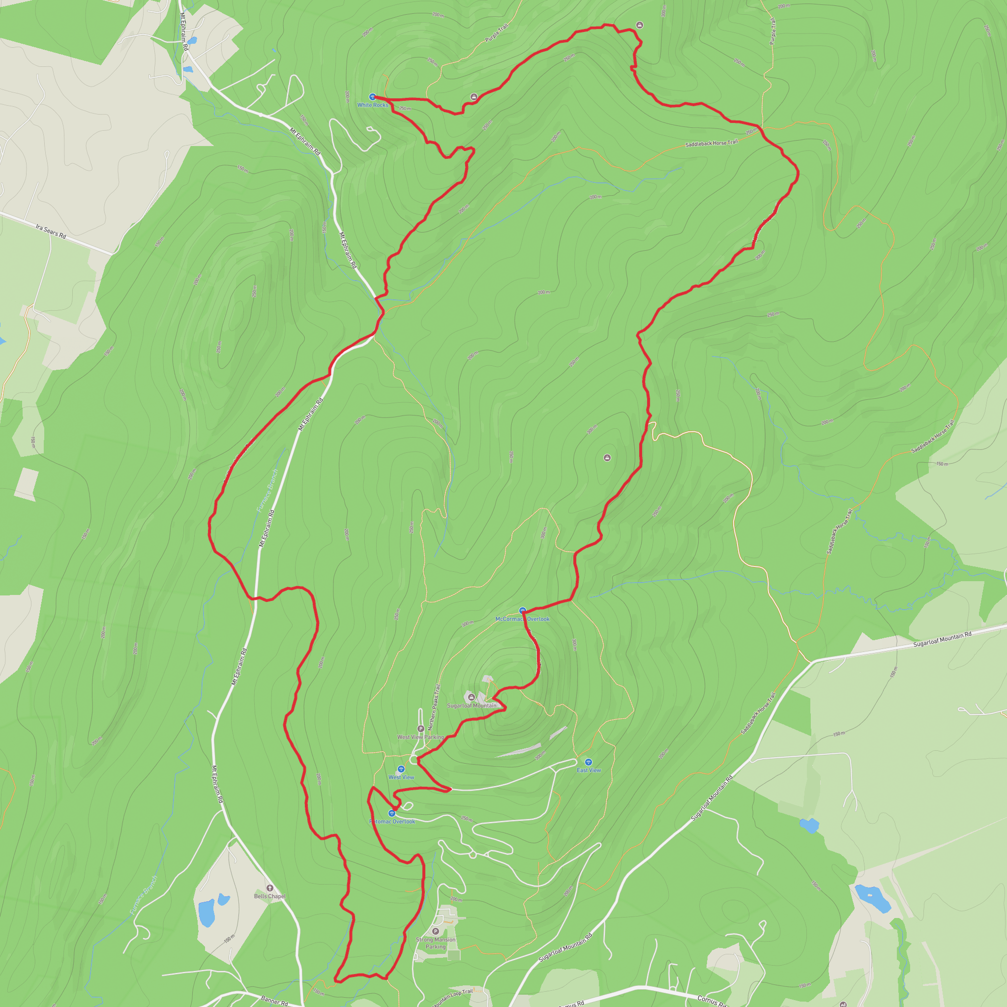 Sugarloaf Mountain and White Rocks via Northern Peaks Trail and Saddleback Horse Trail mobile static map