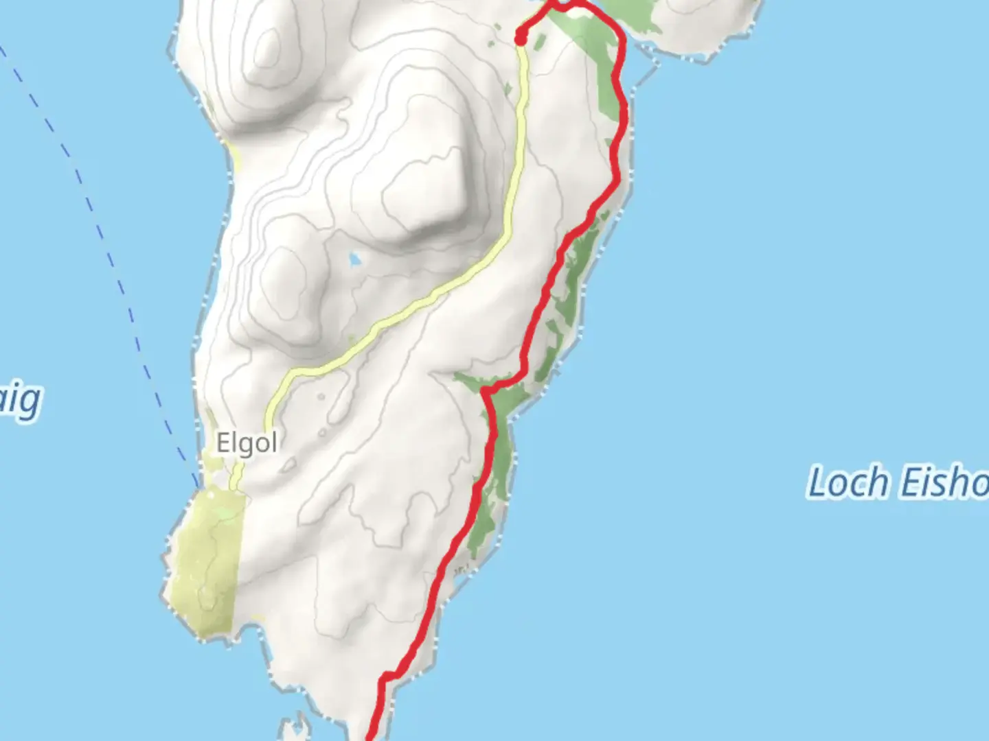 An image depicting the trail Rubha na h-Easgainne from Kilmarie and its surrounding area.