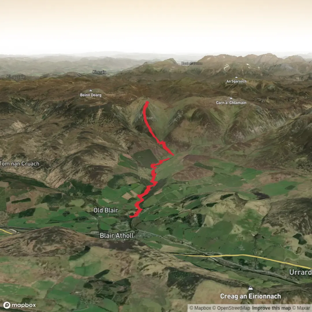 An image depicting the trail Gilberts Bridge and Beinn Mheadhonach from Glen Tilt and its surrounding area.