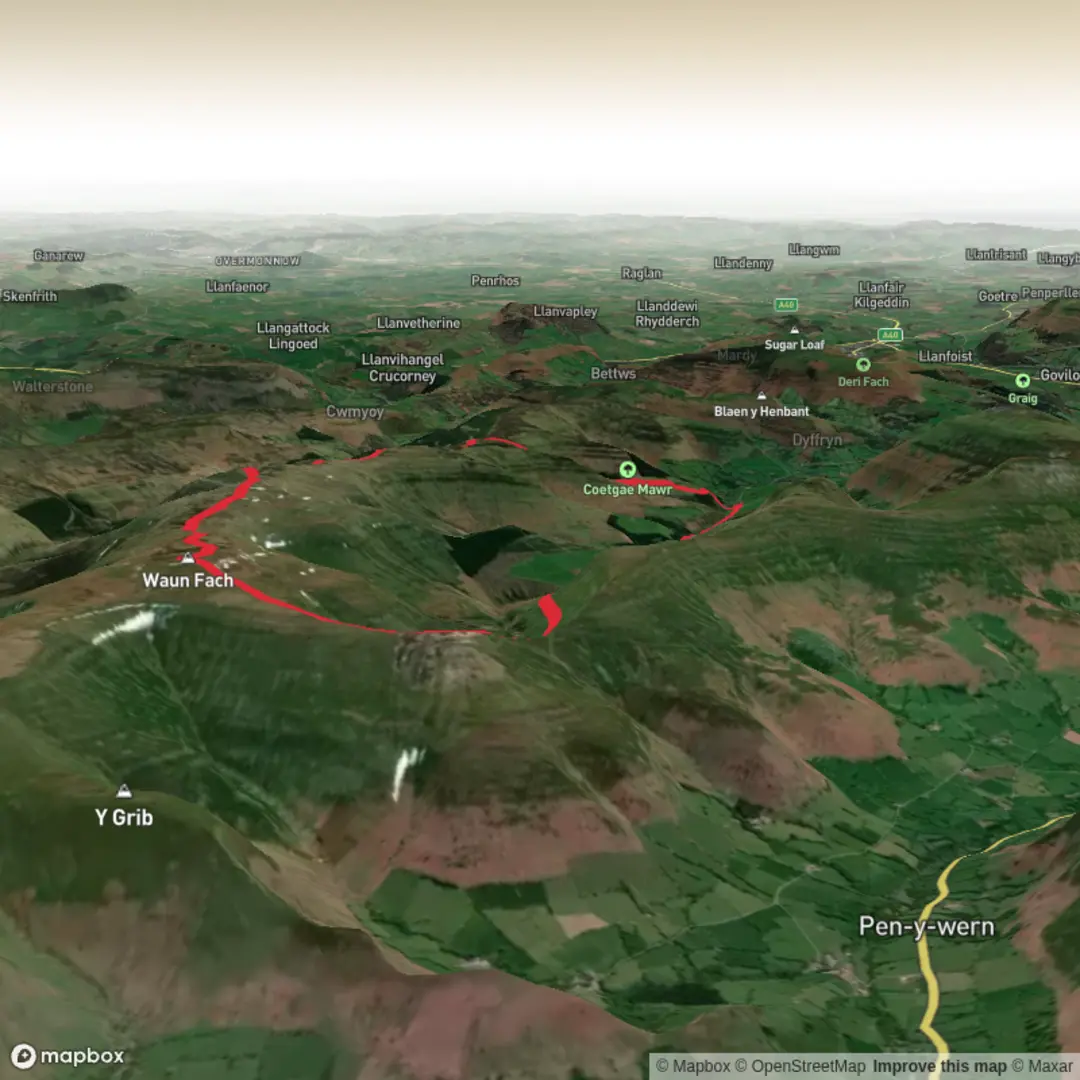 An image depicting the trail Waun Fach Circular to from Llanbedr and its surrounding area.
