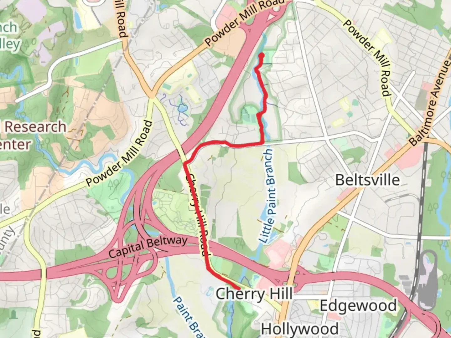 An image depicting the trail Little Paint Branch Park and Cherry Hill Park and its surrounding area.