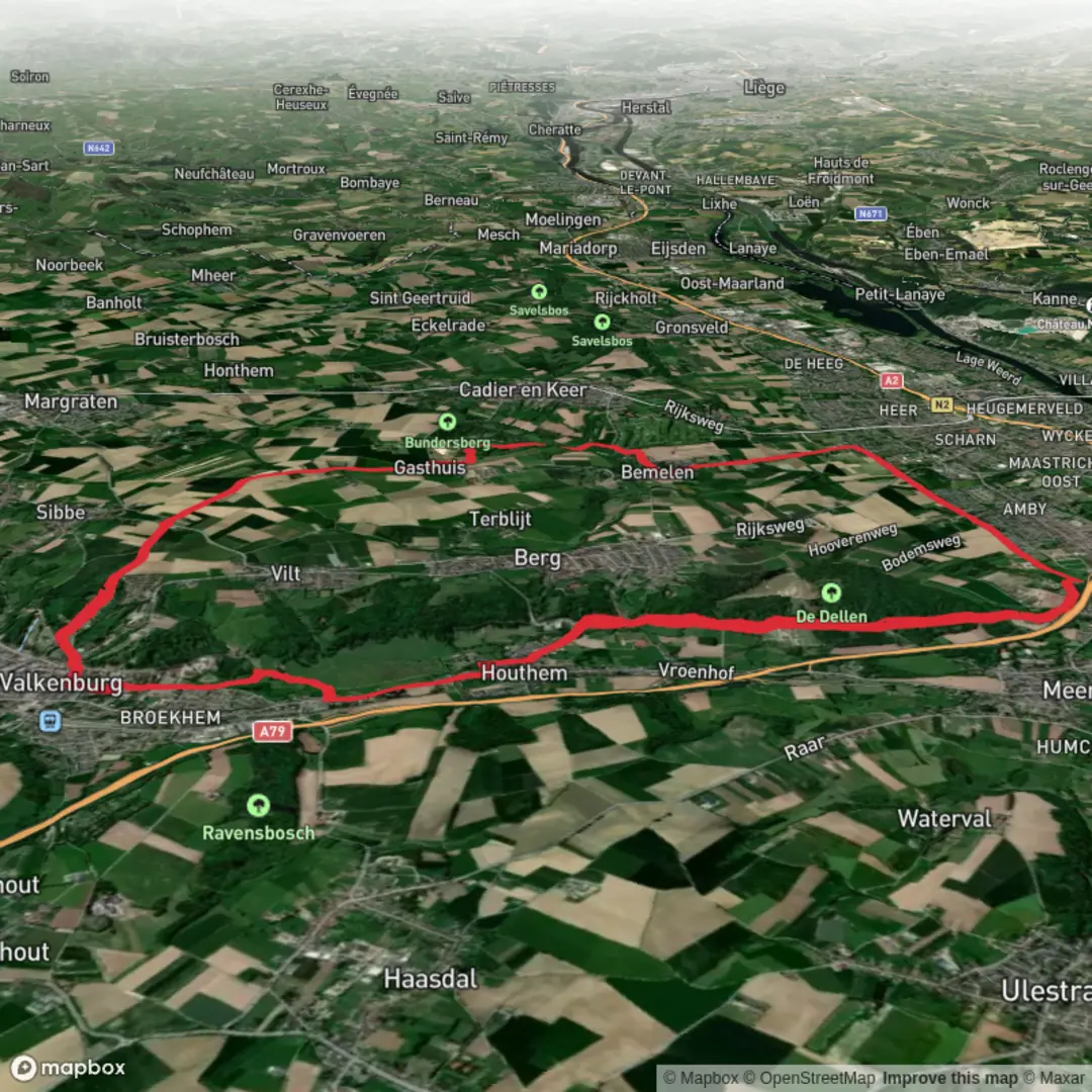 An image depicting the trail Ruine De Valk, Strabeek, De Dellen via Geul Weg, De Dellen Weg and Bemeler Weg and its surrounding area.