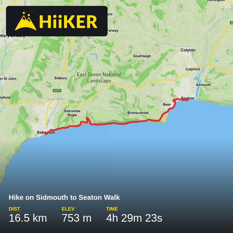 A map preview of the recording Hike on Sidmouth to Seaton Walk.