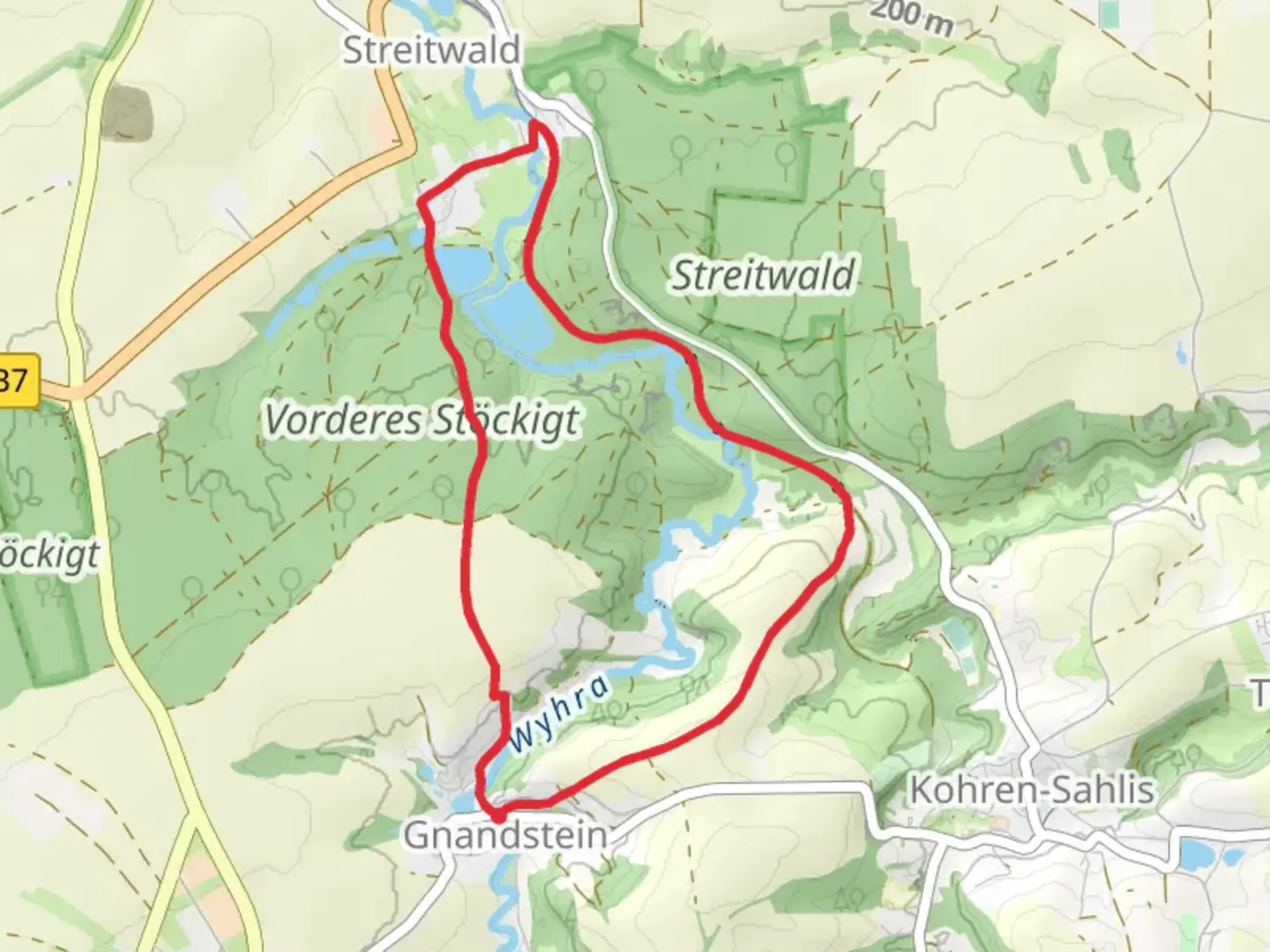 An image depicting the trail Burg Gnandstein and Vorderes Stockigt Loop and its surrounding area.