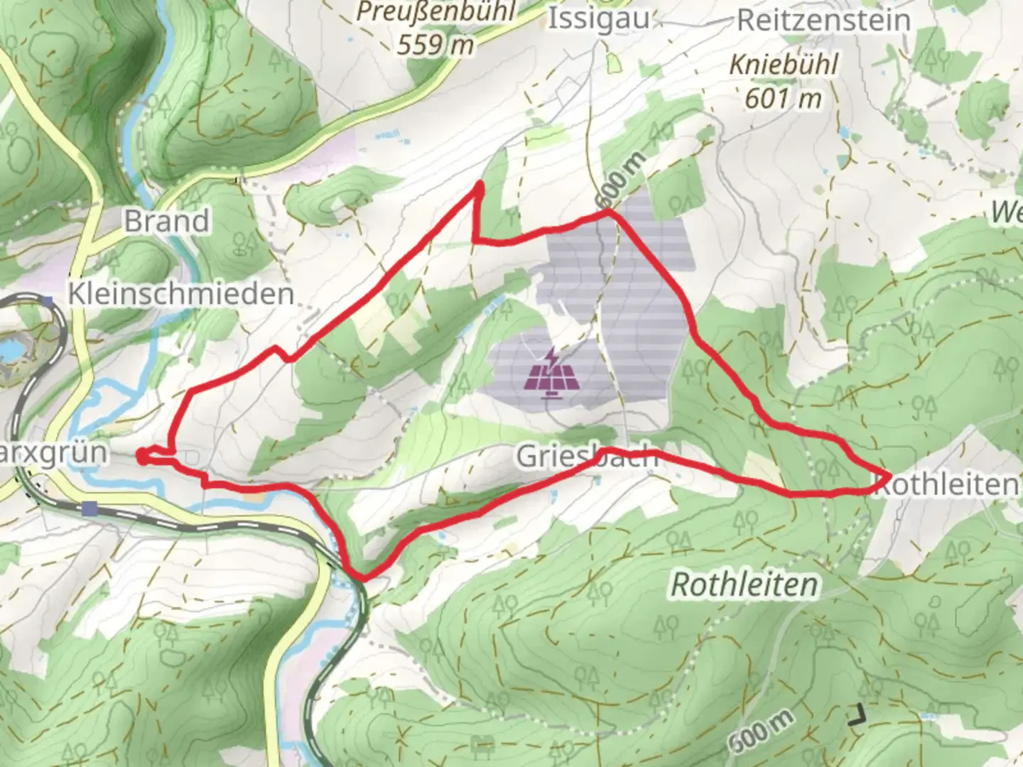An image depicting the trail Marxgrüner and Froschgruener Weg OS and its surrounding area.