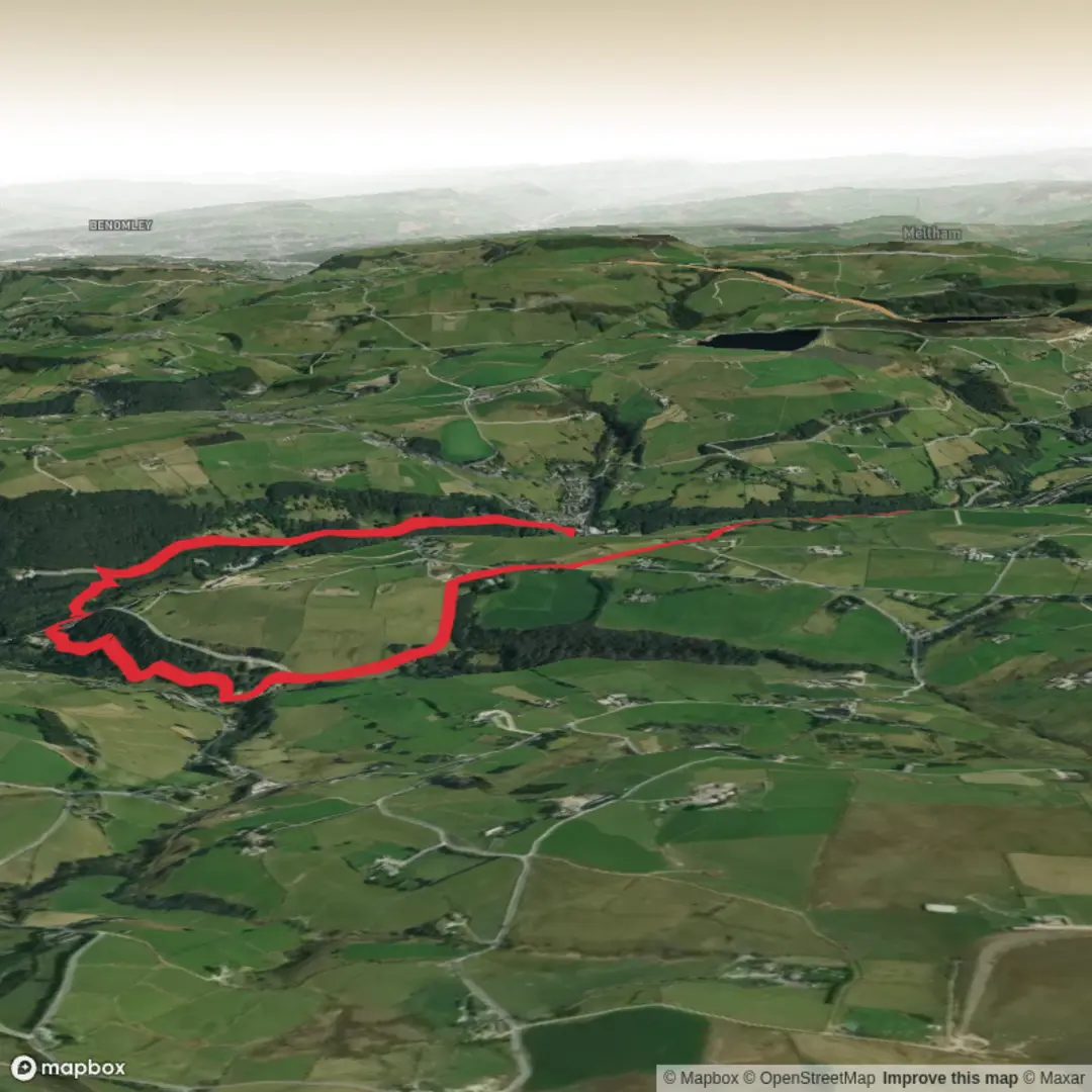 An image depicting the trail Castle Lane, Foxen Lane and Hanging Stones Lane Circular and its surrounding area.