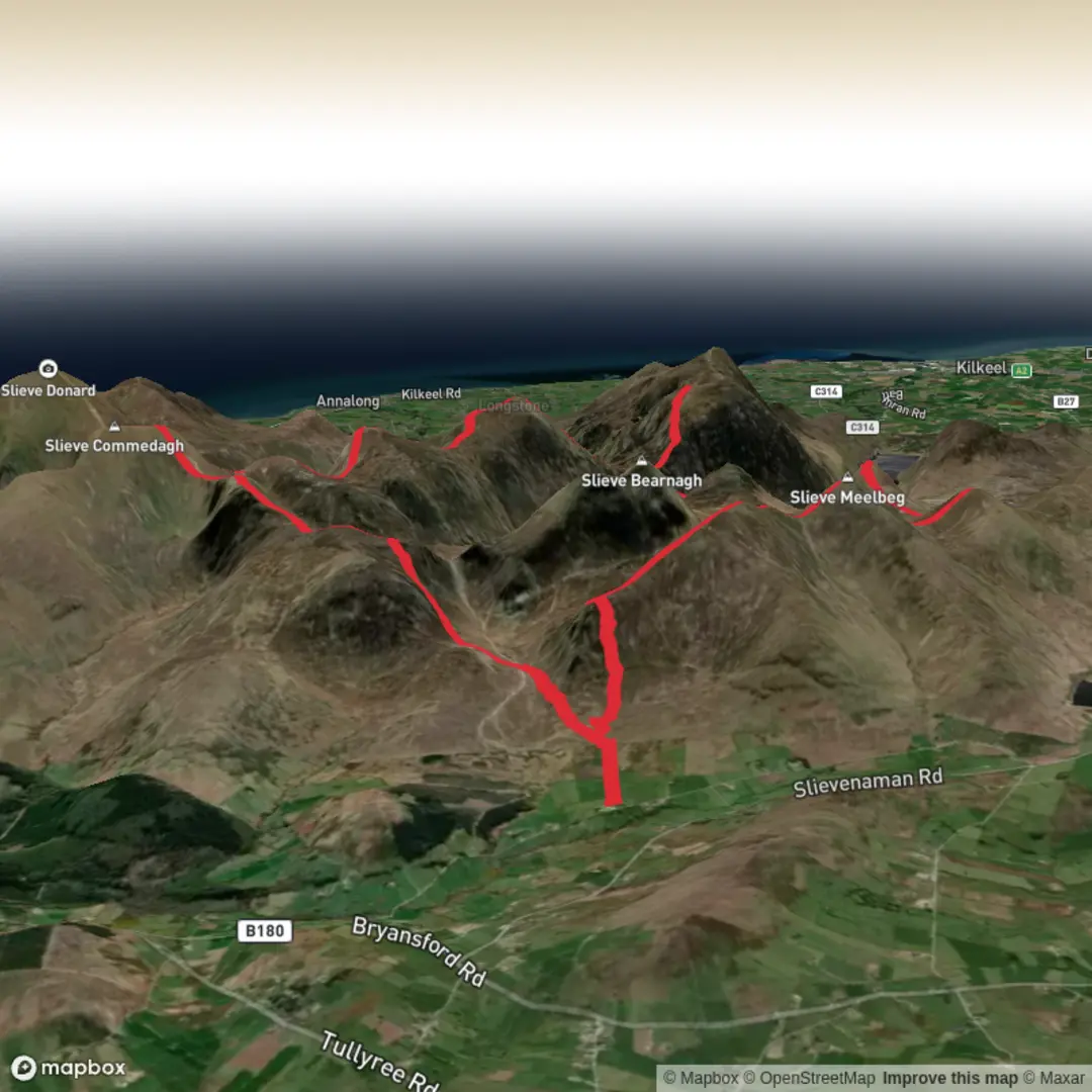 An image depicting the trail Mournes - Advanced - 2026 and its surrounding area.