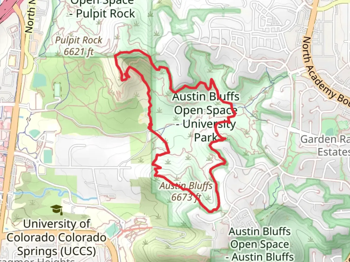 An image depicting the trail Austn Bluffs and UCCS Campus Garden Loop and its surrounding area.