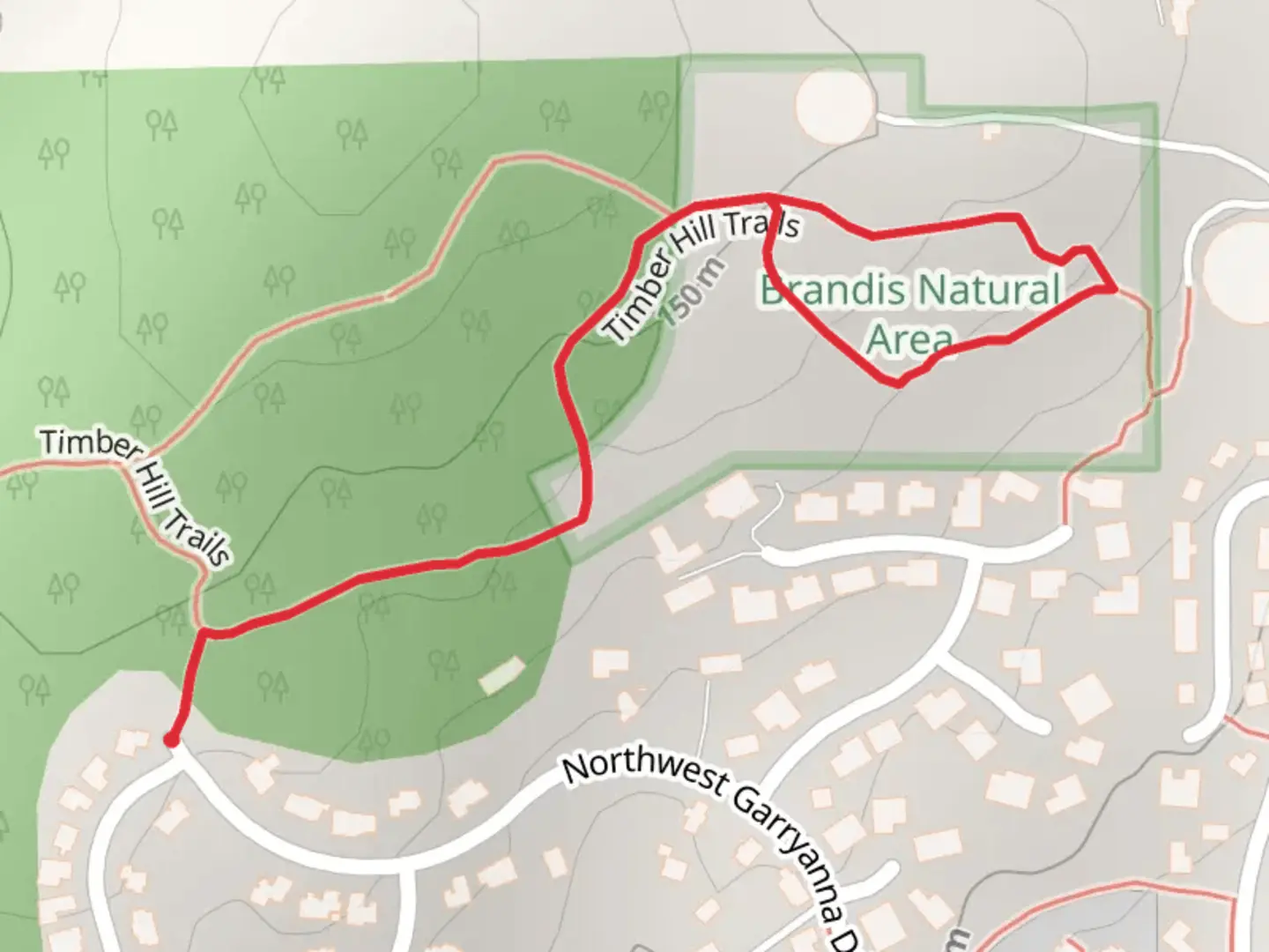 An image depicting the trail Timber Hill Trails and its surrounding area.