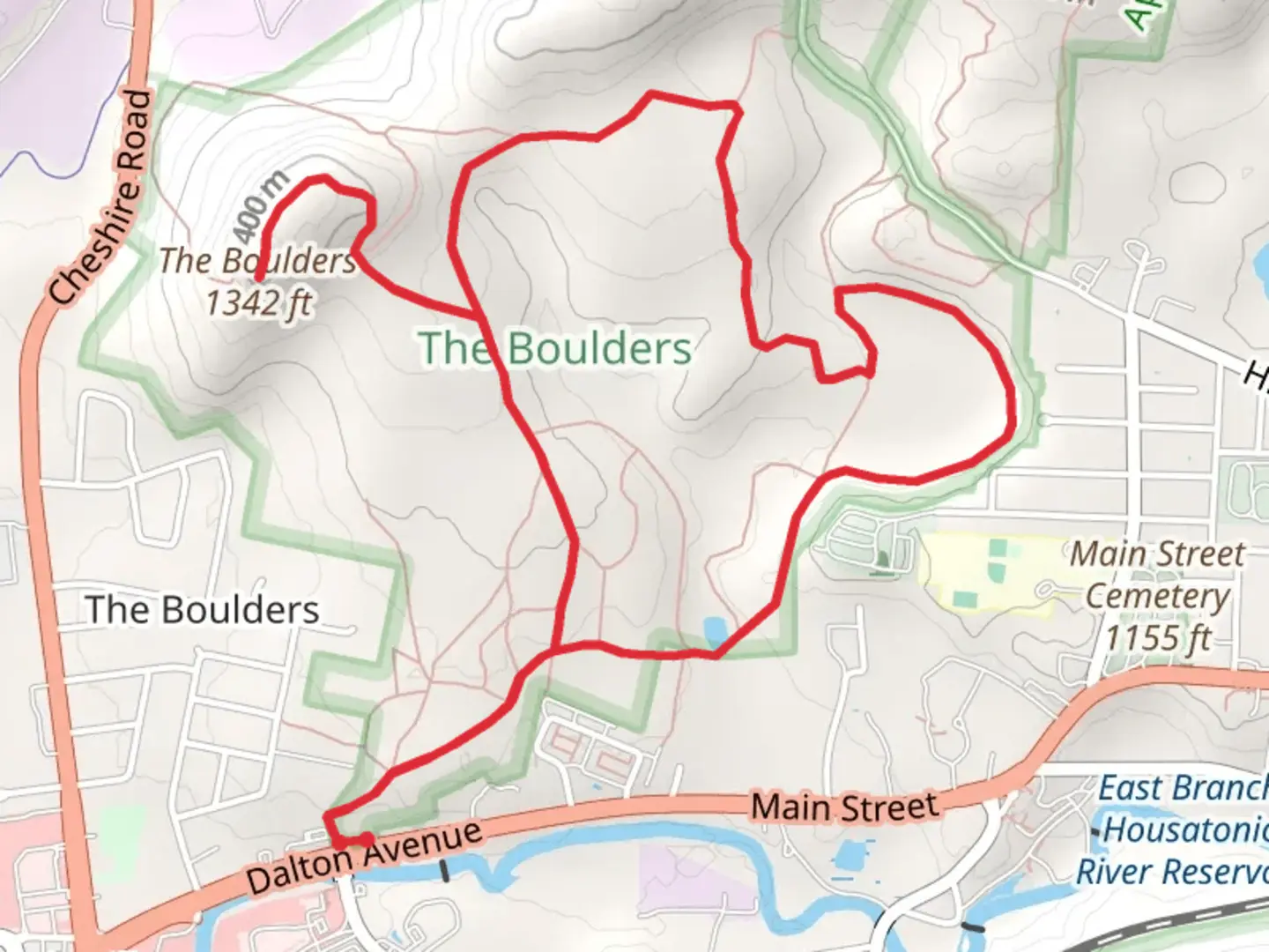 An image depicting the trail The Boulders Hill Loop via Red Trail and its surrounding area.