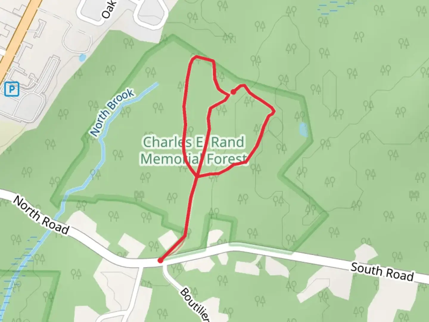 An image depicting the trail Red and Blue Trail Loop via North Road and its surrounding area.