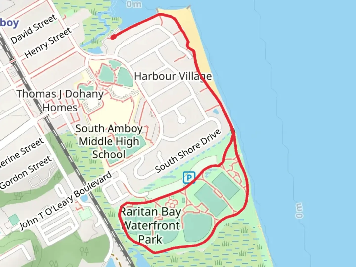 An image depicting the trail Raritan Bay Waterfront Park Loop from Raritan Reach Road and its surrounding area.
