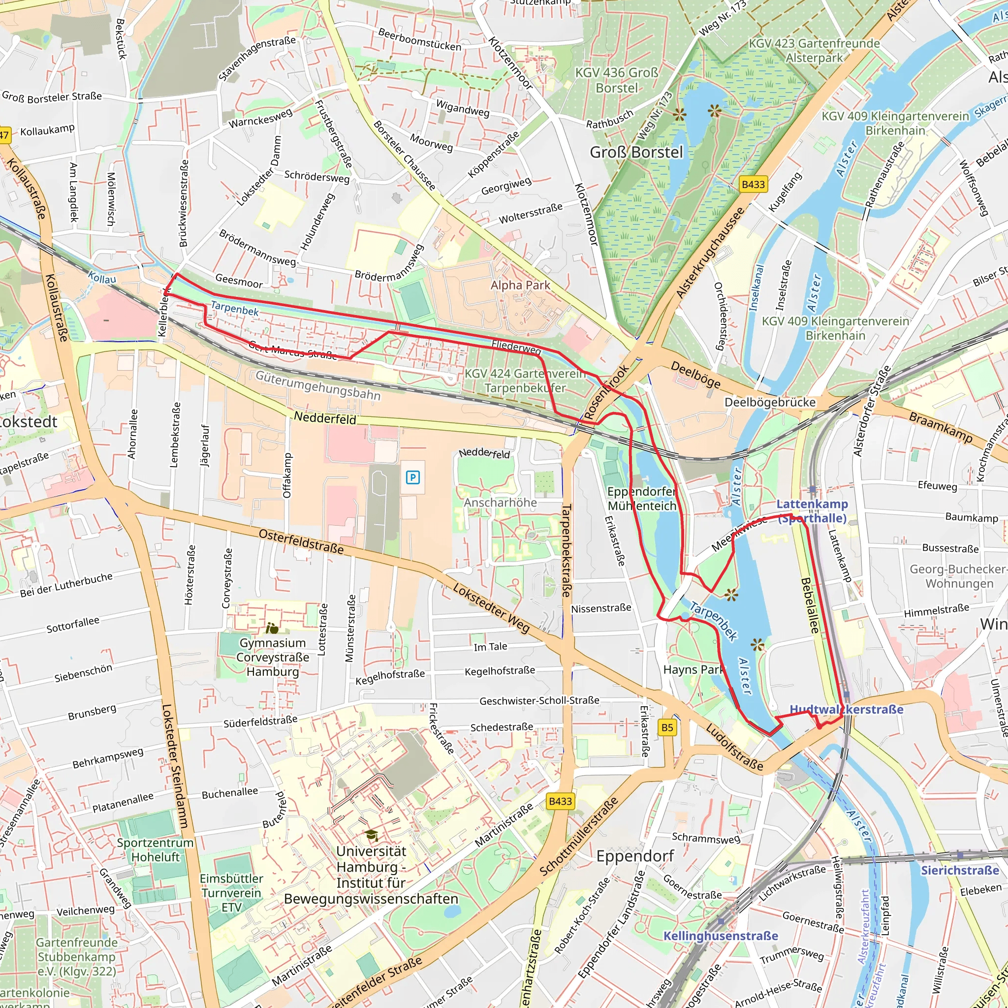 Meenkwiese, Eppendorfer Muehlenteich and Alster via Tarpenbek-Kollau-Wanderweg mobile static map