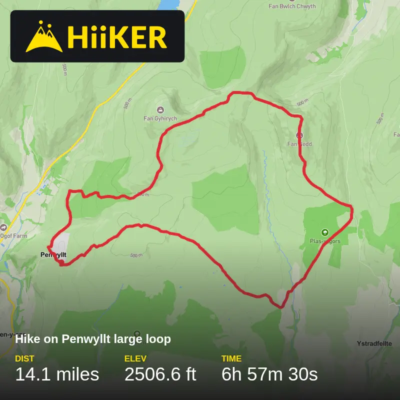 A map preview of the recording Hike on Penwyllt large loop.