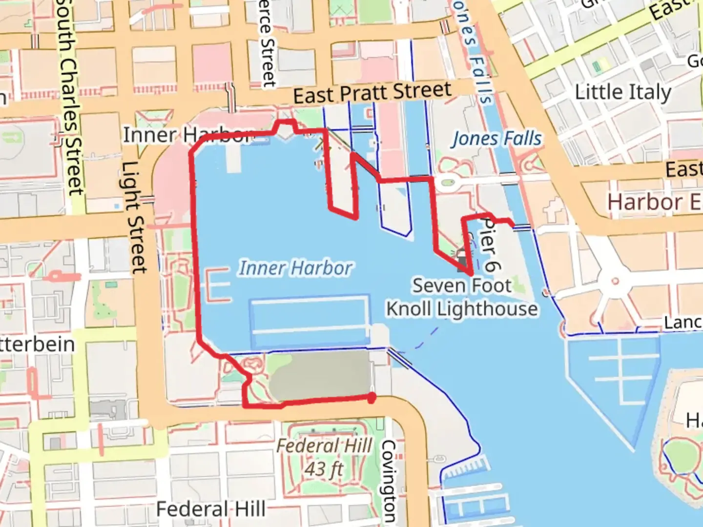An image depicting the trail Baltimore Waterfront Promenade - Inner Harbor and its surrounding area.