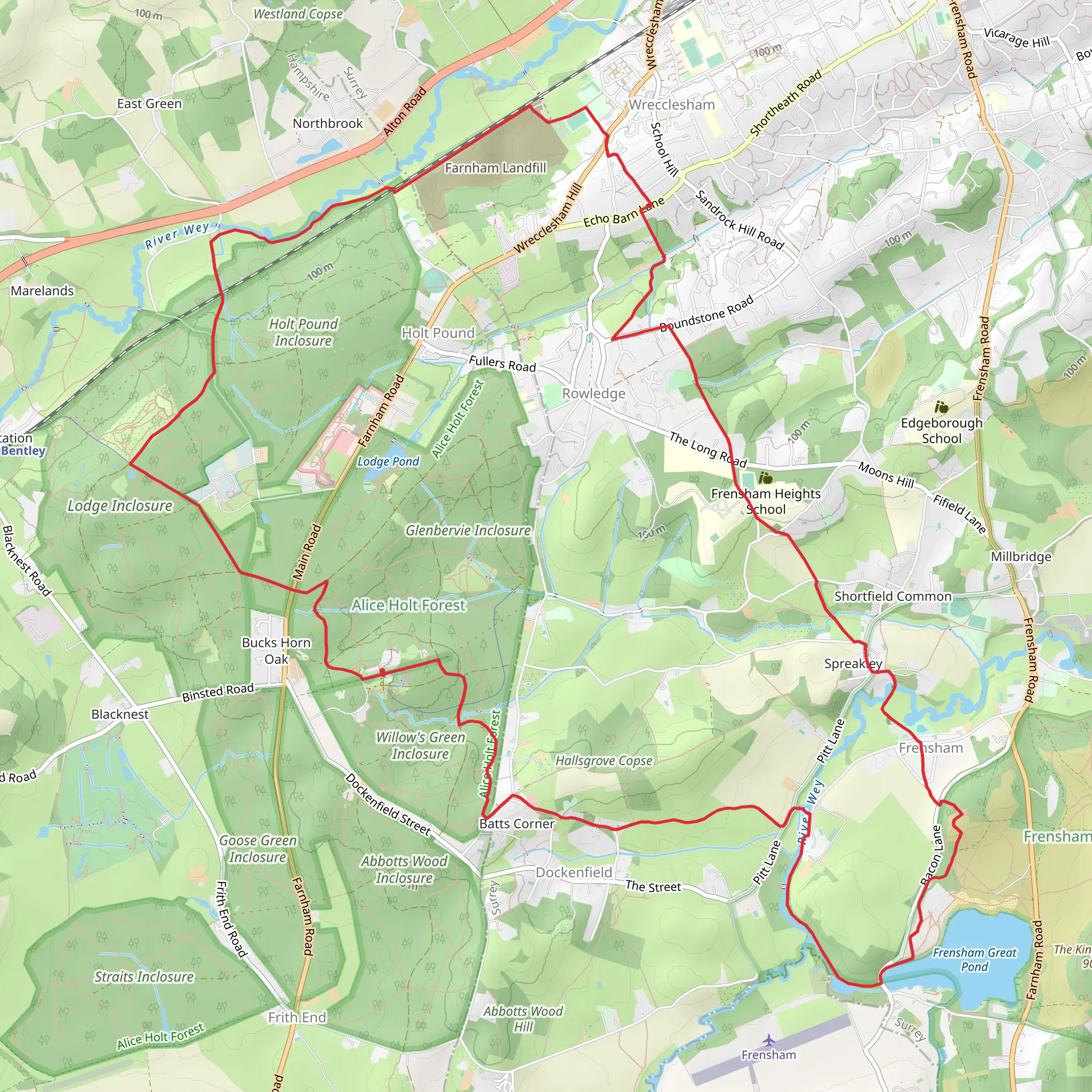 Bucks Horn Oak, Fresham and Rowledge Loop via Frensham Great Pond mobile static map
