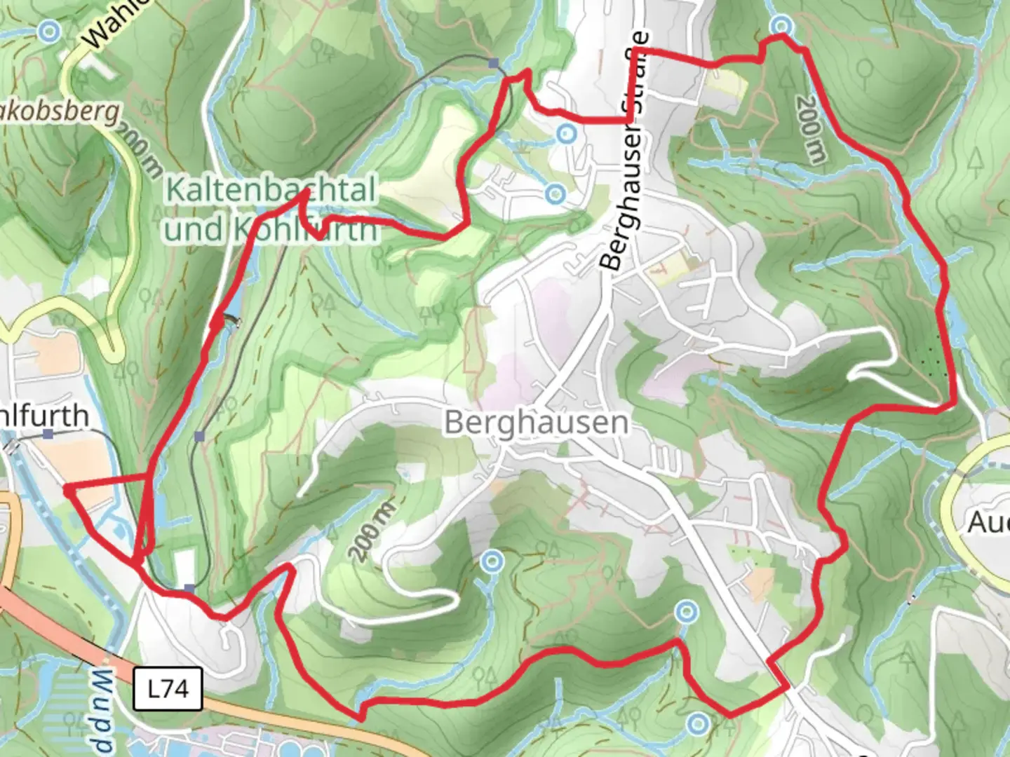An image depicting the trail Ehem Freibad via Wuppertaler Rundweg and its surrounding area.