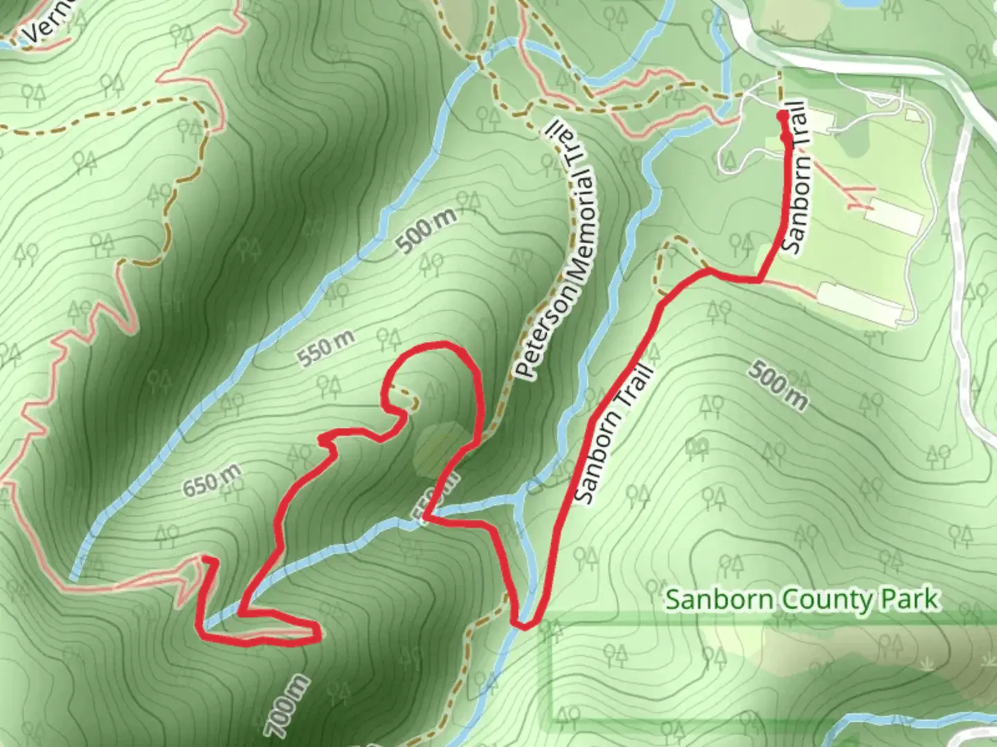 An image depicting the trail Sanborn Trail Out and Back and its surrounding area.