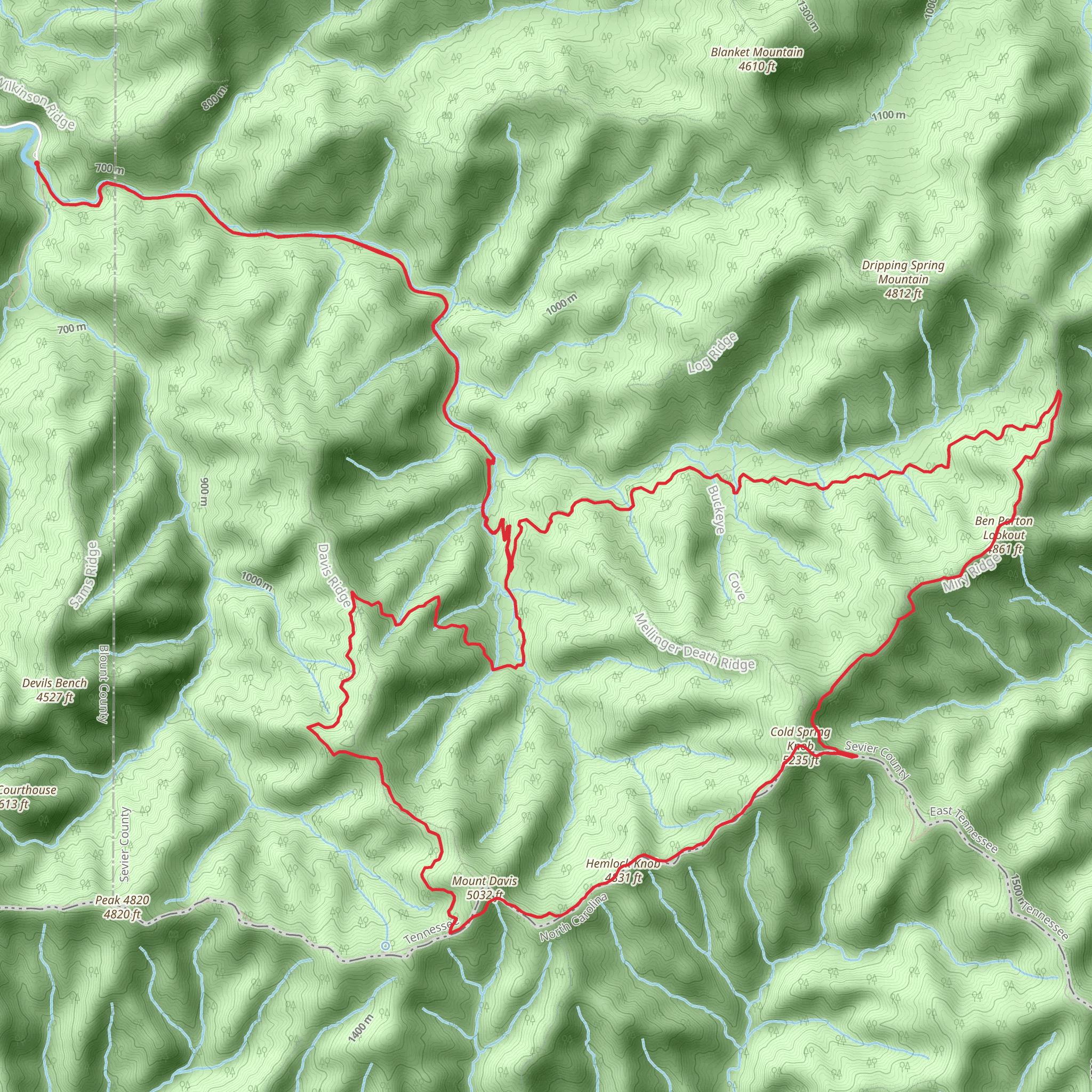 Ben Parton Lookout, Cold Spring Knob, Hemlock knob and Mount Davis via Middle Prong Trail mobile static map