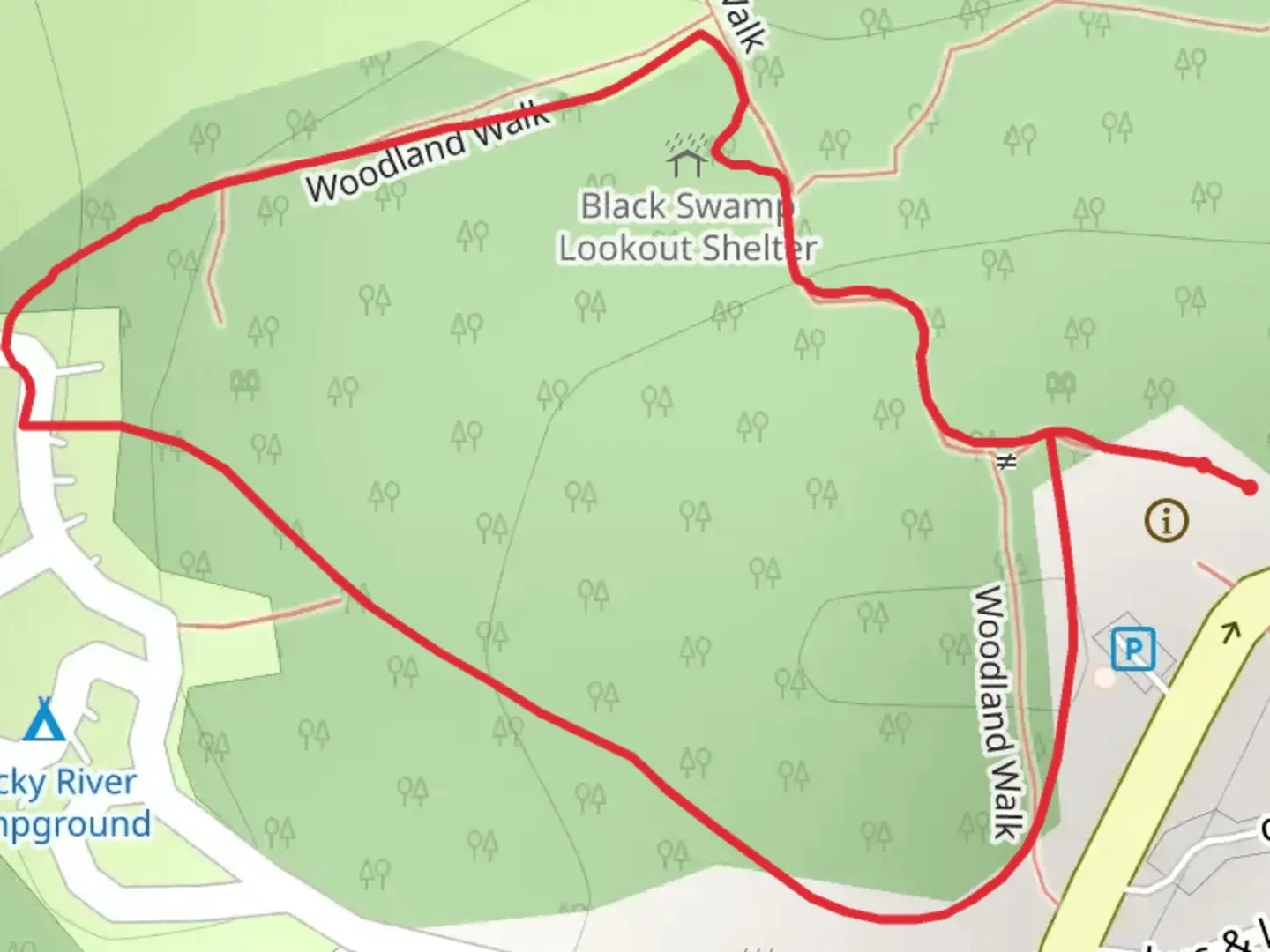 An image depicting the trail Woodland Walk and its surrounding area.