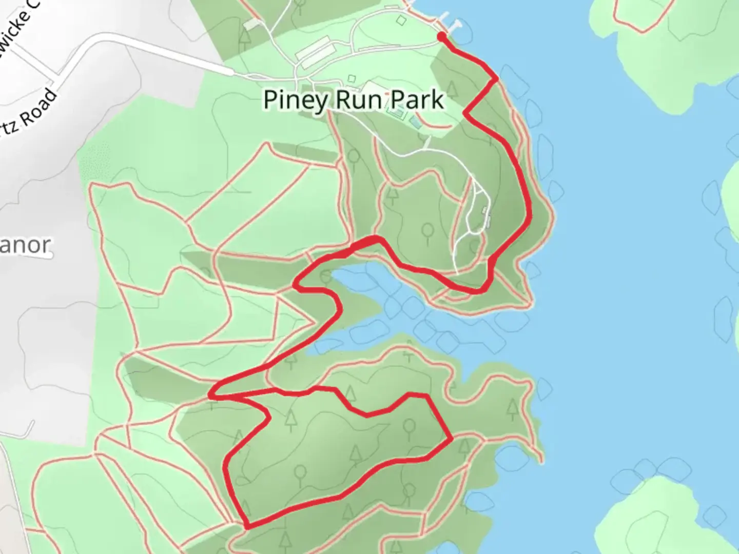 An image depicting the trail Nature Center Trail and Oak Path Loop and its surrounding area.