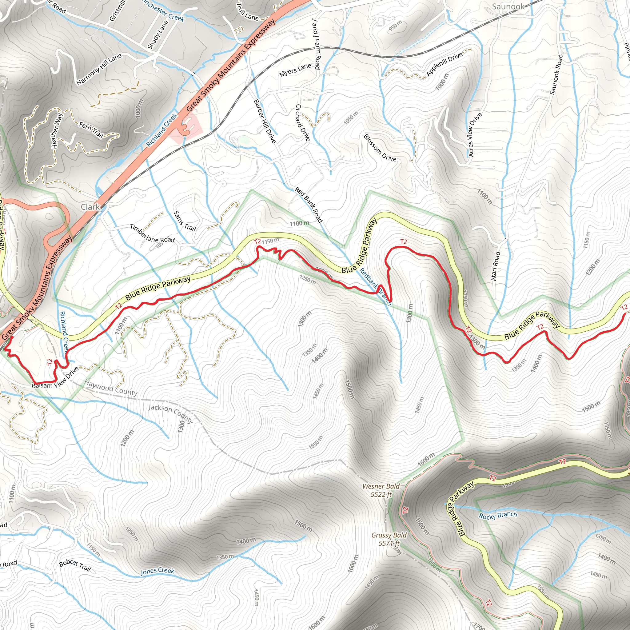 Mountains-to-Sea Trail from Balsam Gap mobile static map