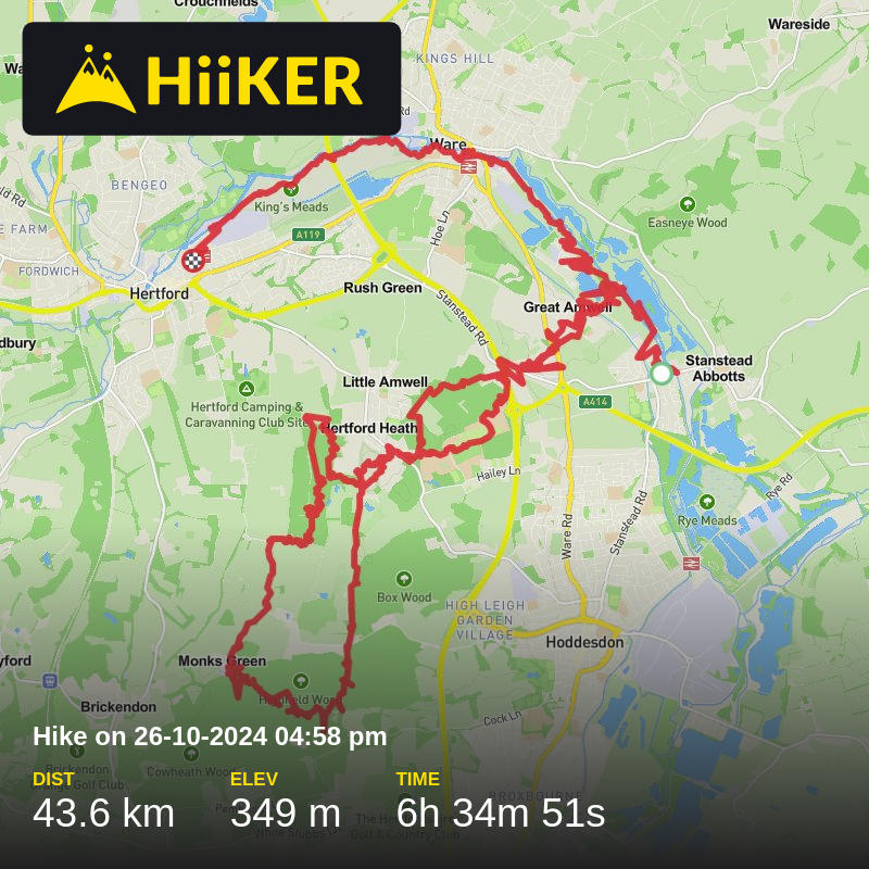 A map preview of the recording Hike on 26-10-2024 04:58 pm.