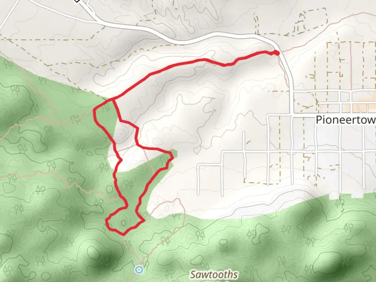 An image depicting the trail Sawtooth Loop from Pioneertown Road and its surrounding area.