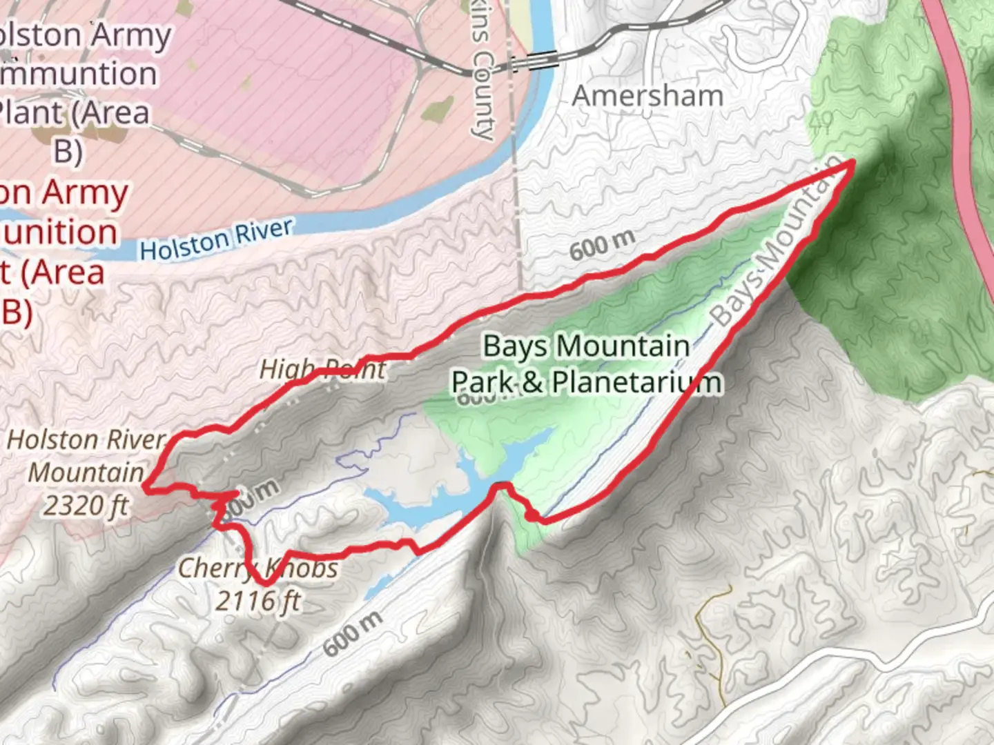 An image depicting the trail Bays Mountain Reservoir and High Point via Cherry Knob Trail and Bear Run Trail and its surrounding area.