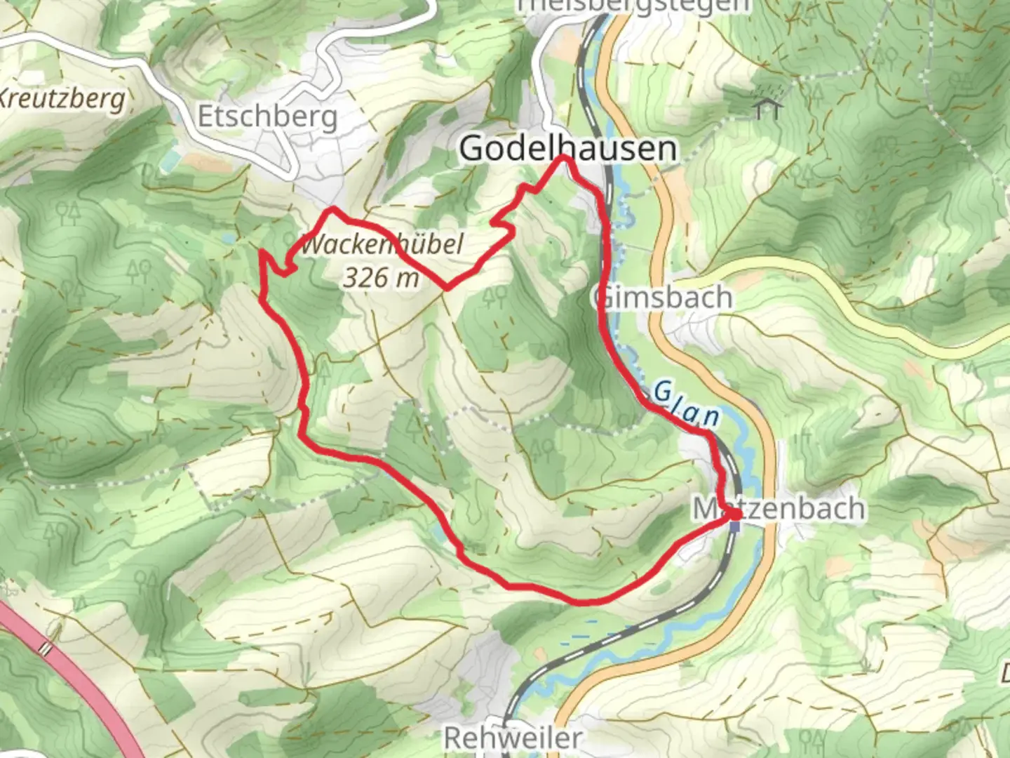 An image depicting the trail Matzenbach Loop via Wachkenhubel and its surrounding area.