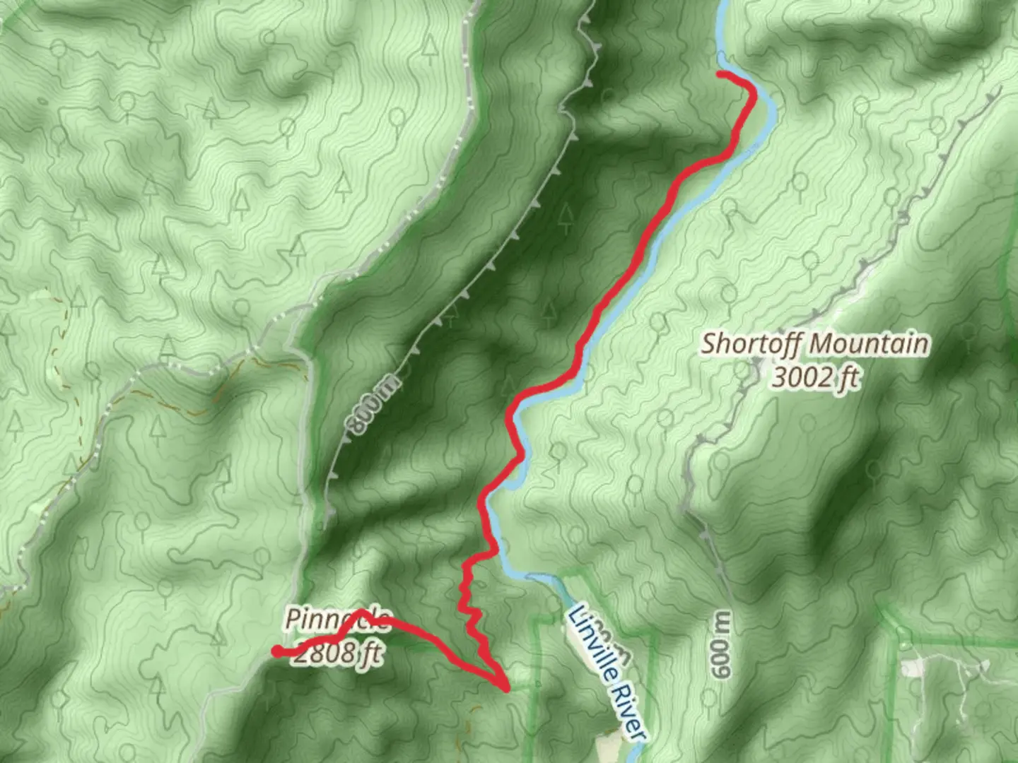 An image depicting the trail Mountains-to-Sea Trail and Linville Gorge Trail and its surrounding area.