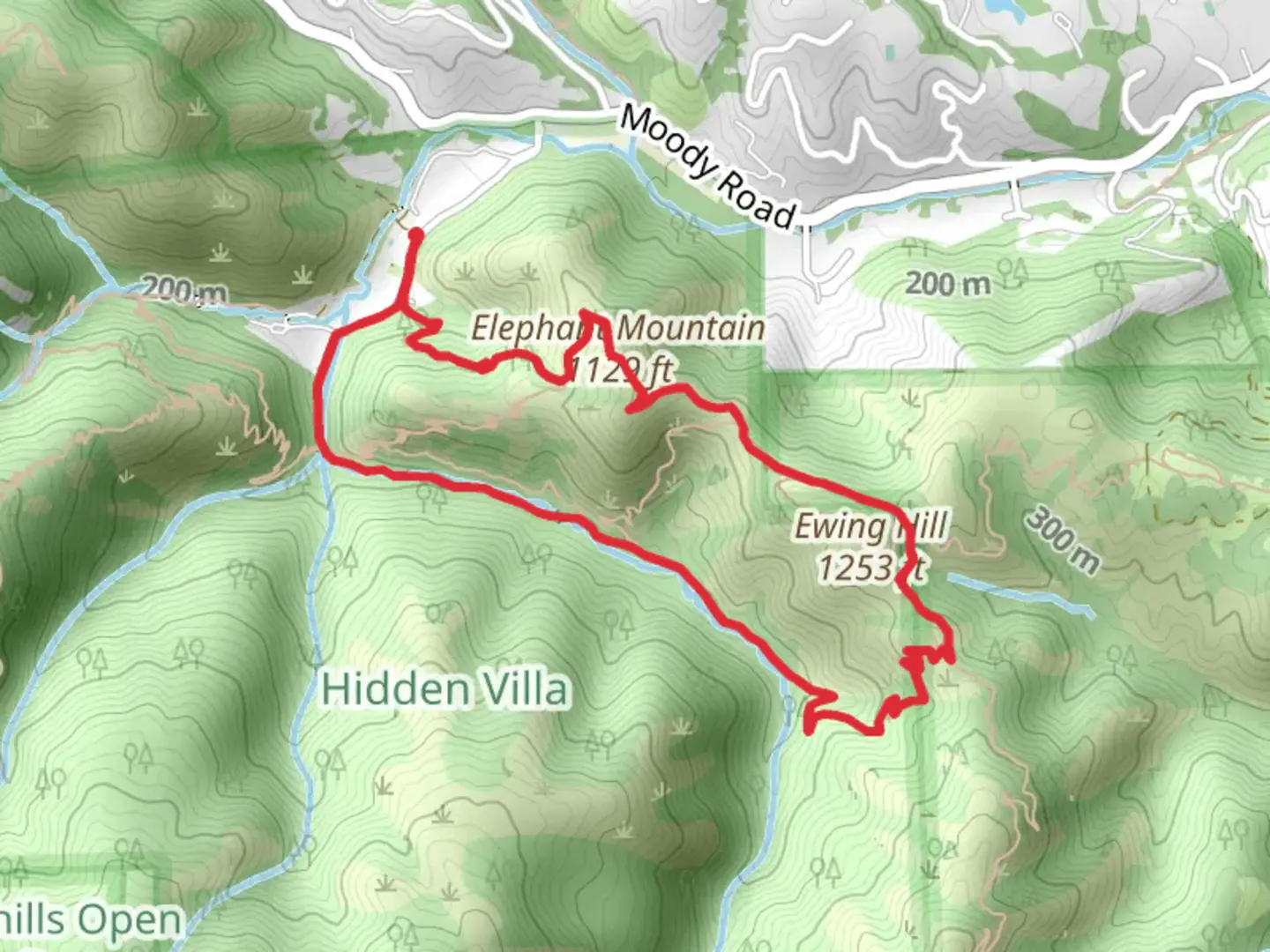 An image depicting the trail Elephant Mountain - Hostel Trail - Creek Loop Trail and its surrounding area.