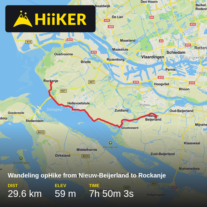 A map preview of the recording Wandeling opHike from Nieuw-Beijerland to Rockanje.
