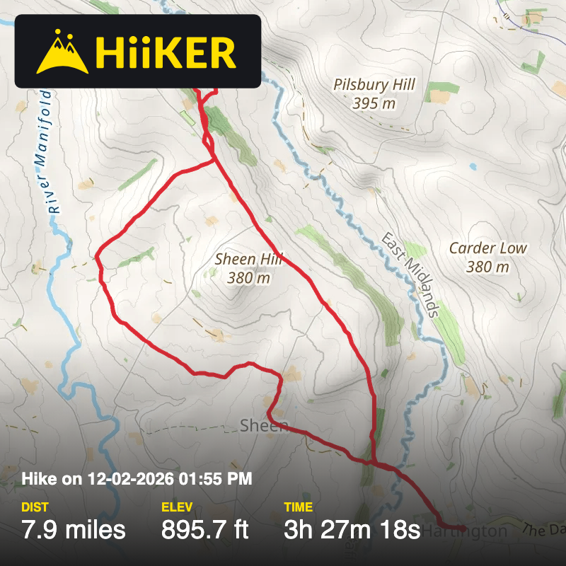 A map preview of the recording Hartington Hike on 12-02-2026 01:55 PM.
