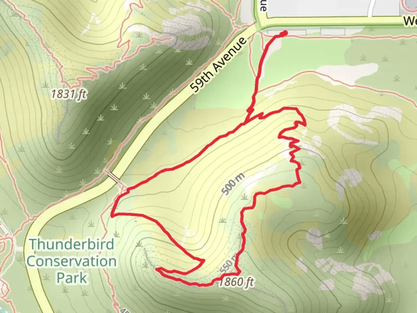 An image depicting the trail Thunderbird Conservation Park Loop and its surrounding area.