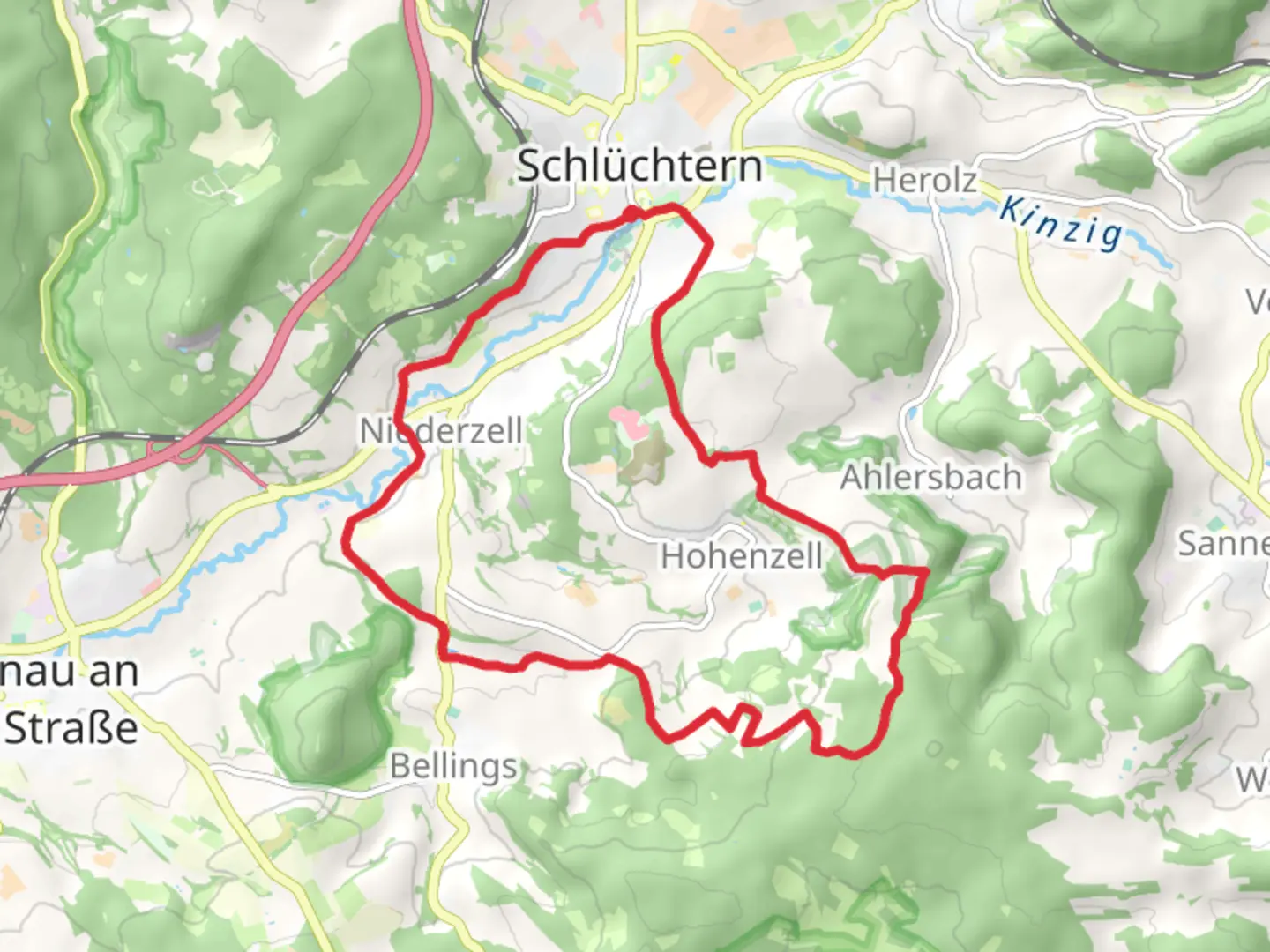 An image depicting the trail Schluchtern and Kelterberg Loop and its surrounding area.
