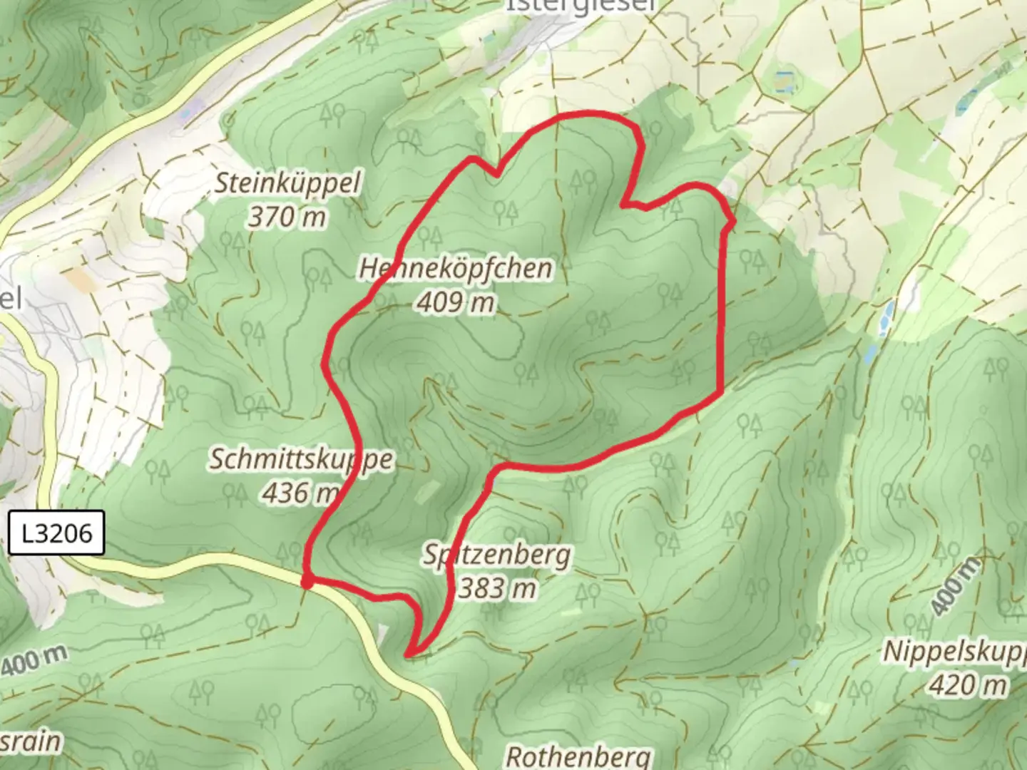 An image depicting the trail Barenhohle and Hennekopfchen Loop and its surrounding area.