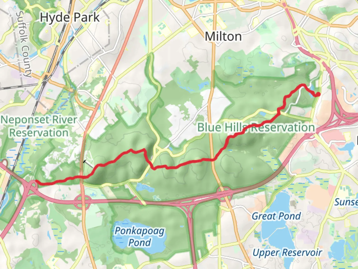 An image depicting the trail Saint Moritz Pond to Great Blue Hill via Skyline Trail and its surrounding area.
