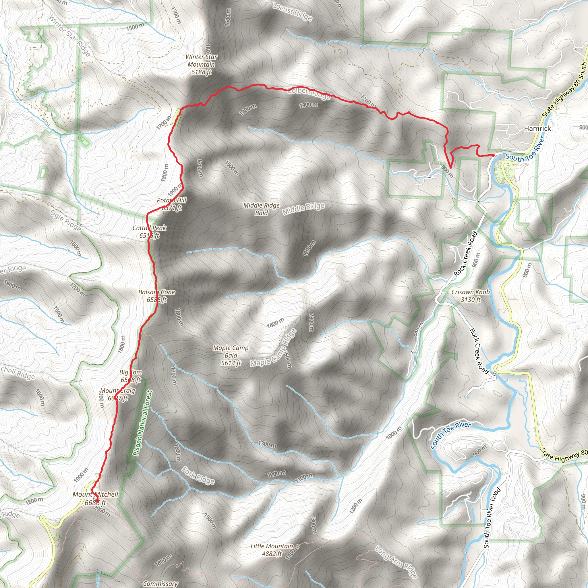 Cattail Peak, Balsam Cone, Mount Craig and Mount Mitchell via Deep Gap Trail mobile static map