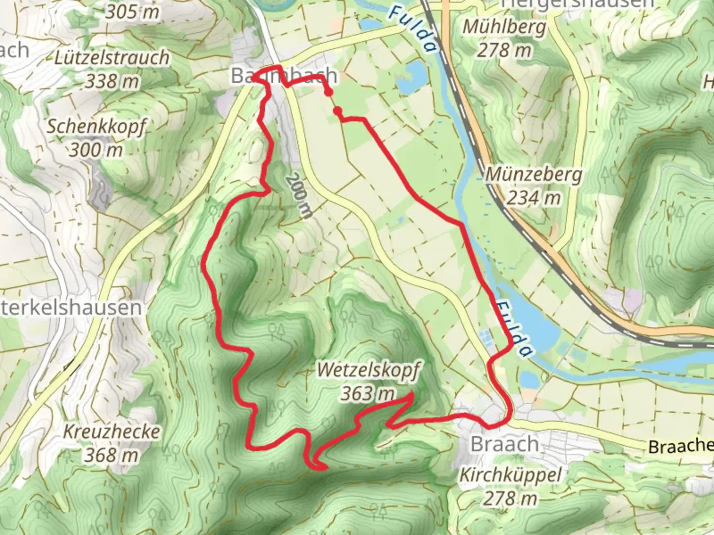 An image depicting the trail Fulda via Braach Rundweg and its surrounding area.