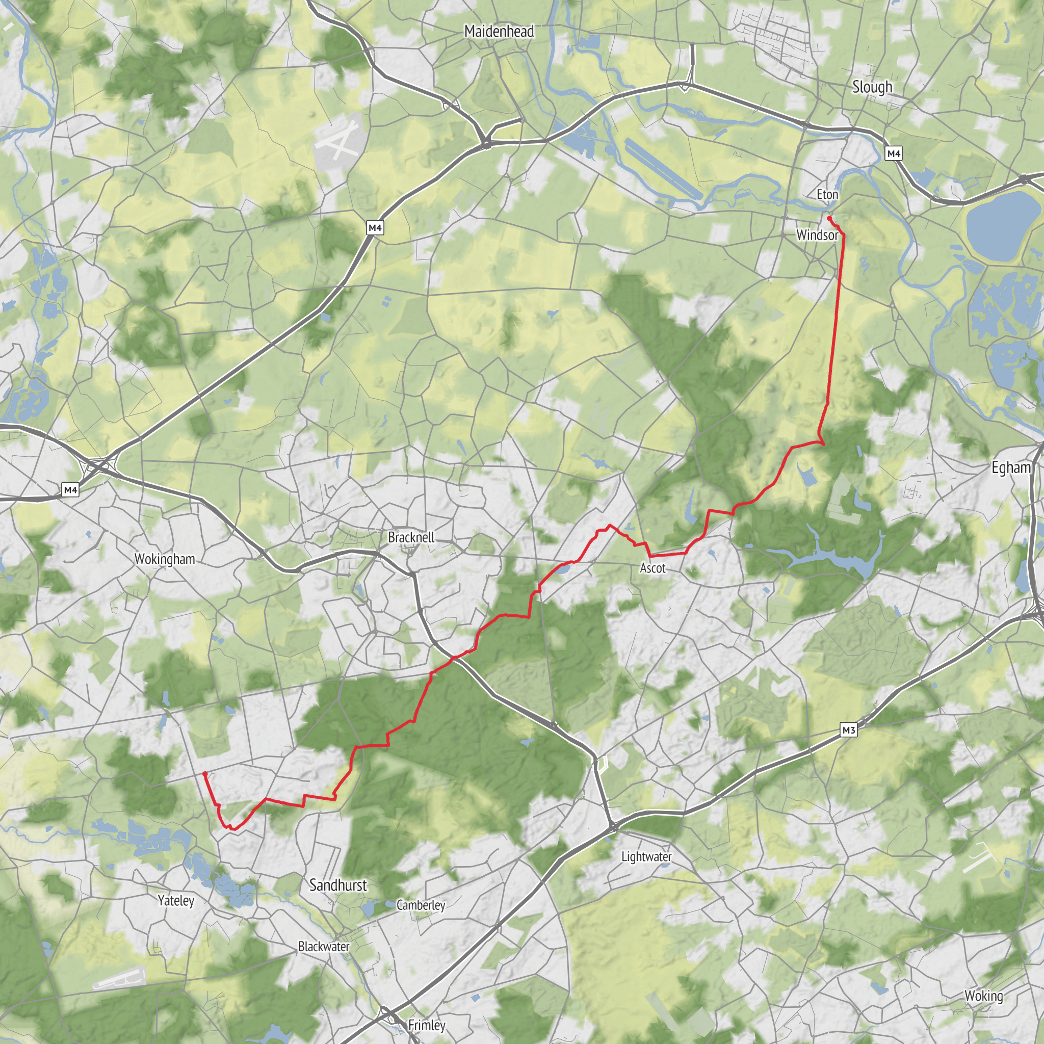 Windsor to Crowthorne via Windsor Castle, Englemere Pond, Swinley Park and Butter Hill mobile static map