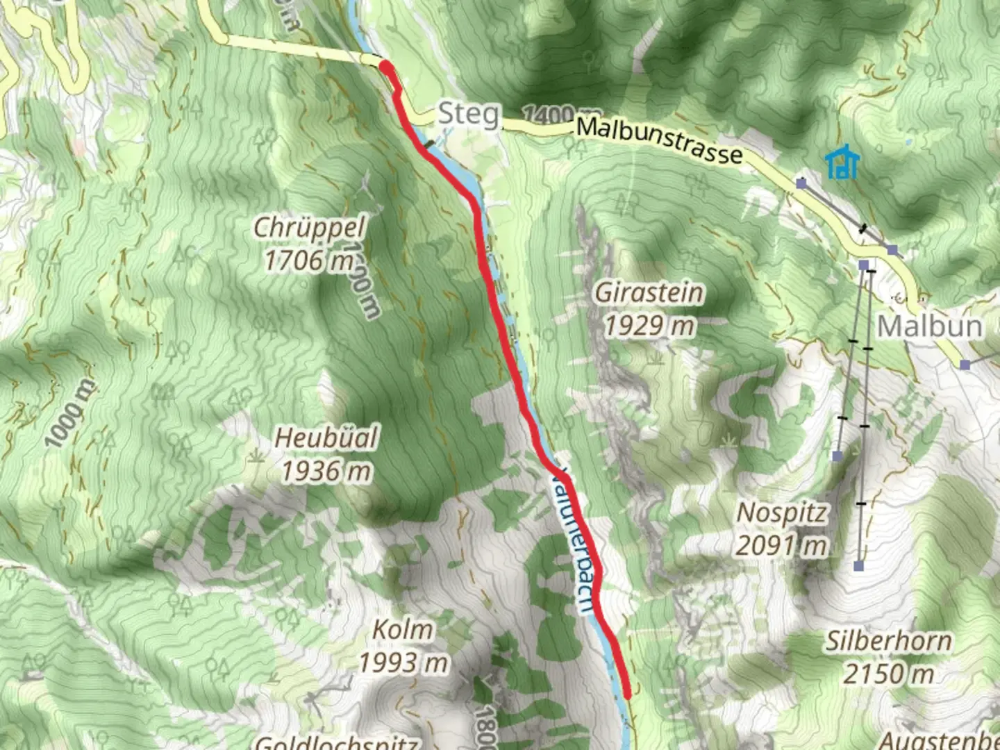 An image depicting the trail Steg FL - Valünaweg Trail and its surrounding area.