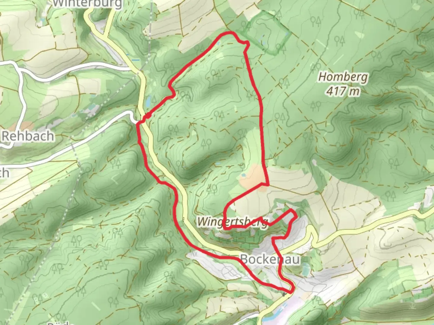 An image depicting the trail DVV Durch dir Bockenauer Schweiz and Sponheimer Weg and its surrounding area.
