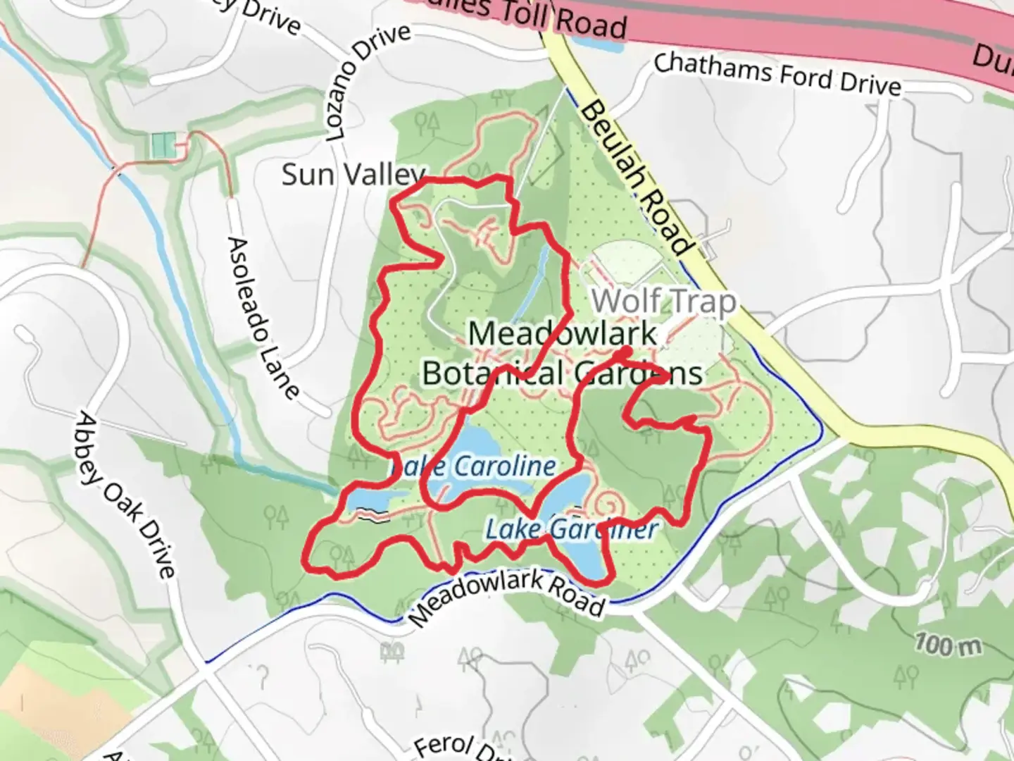 An image depicting the trail Meadowlark Botanical Gardens Loop and its surrounding area.