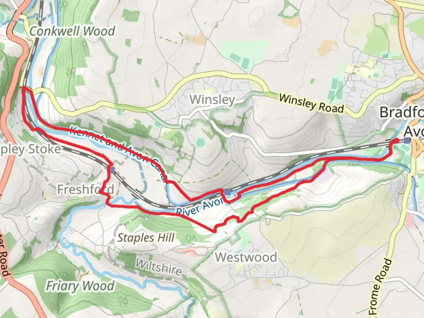 An image depicting the trail Becky Addy Wood, Kennet and Avon Canal and River Avon and its surrounding area.