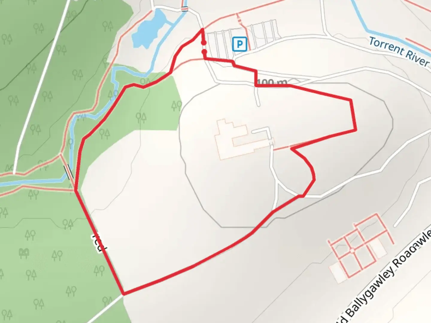 An image depicting the trail Deer Park Walk - Parkanaur Forest - Red and its surrounding area.