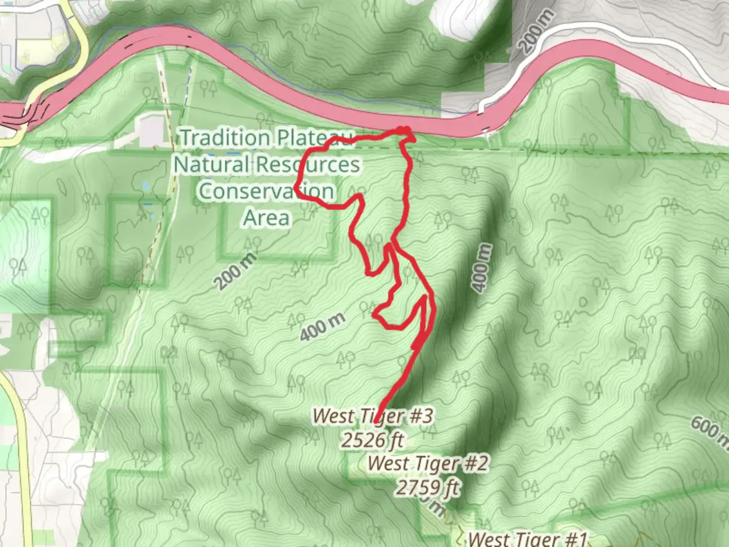 An image depicting the trail Cable Line Trail and West Tiger 3 Trail and its surrounding area.