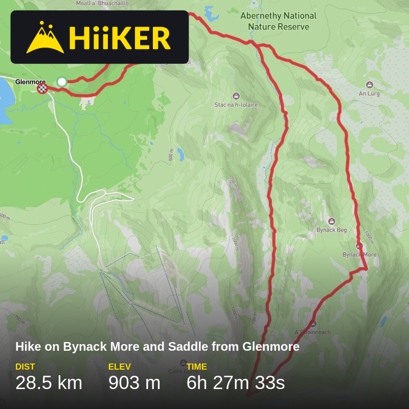 A map preview of the recording Hike on Bynack More and Saddle from Glenmore.