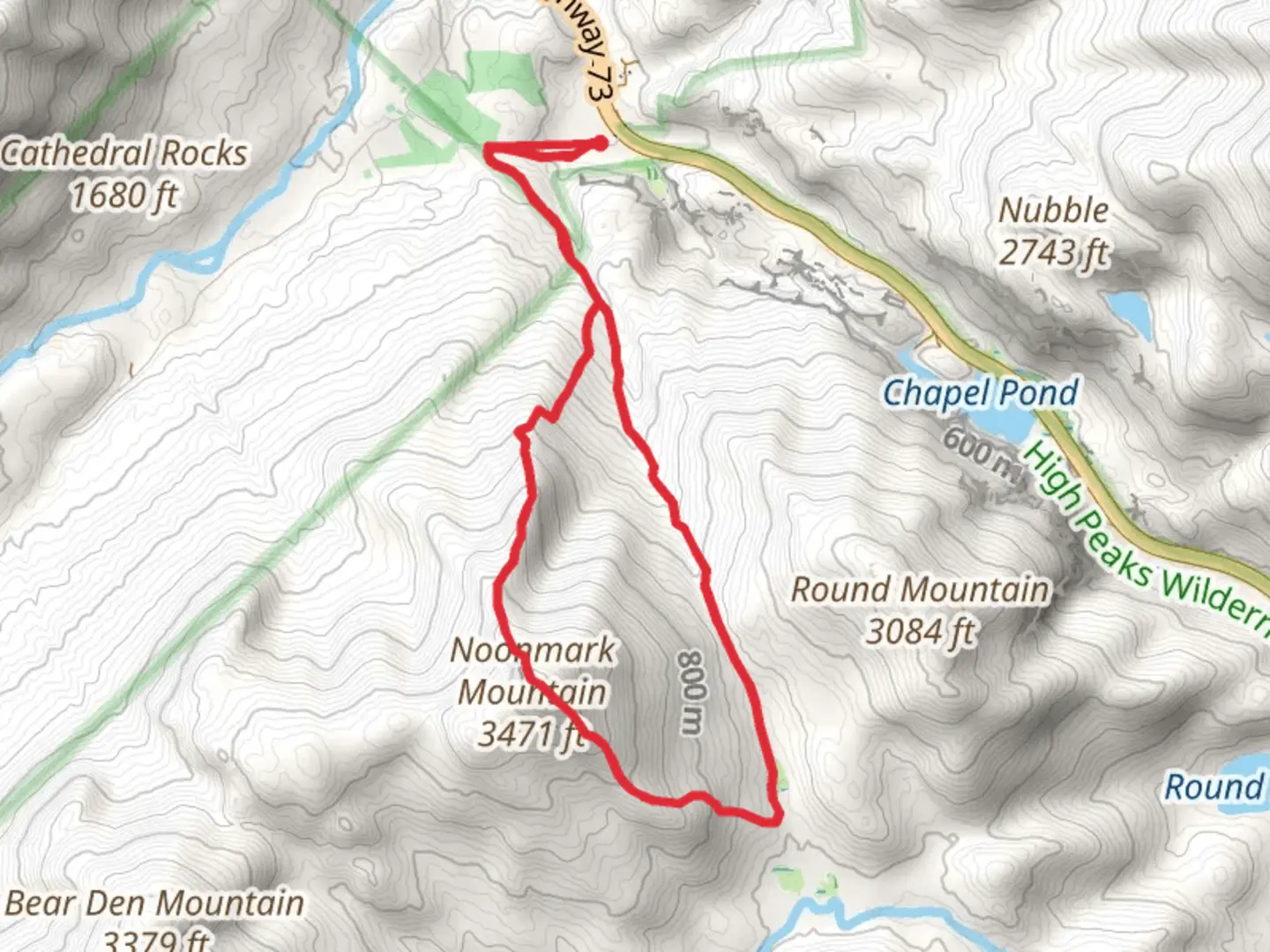 An image depicting the trail Noonmark Mountain Loop Trail and its surrounding area.